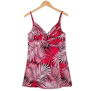Jantzen Women's Pink Red Palm Leaf Print Swim Suit Dress Ruched Tummy Control 16